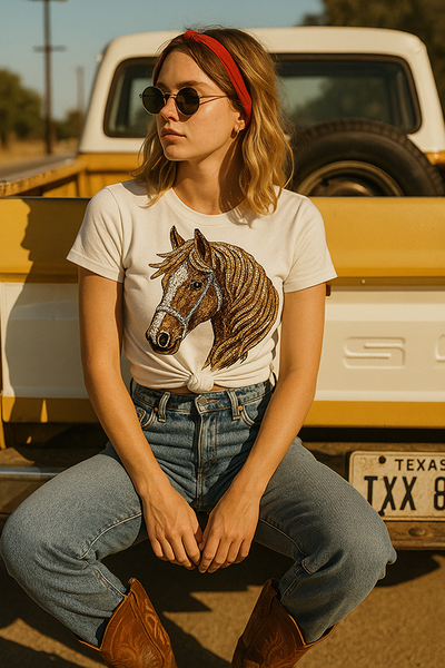 CC DTF RHINESTONE HORSE - IVORY