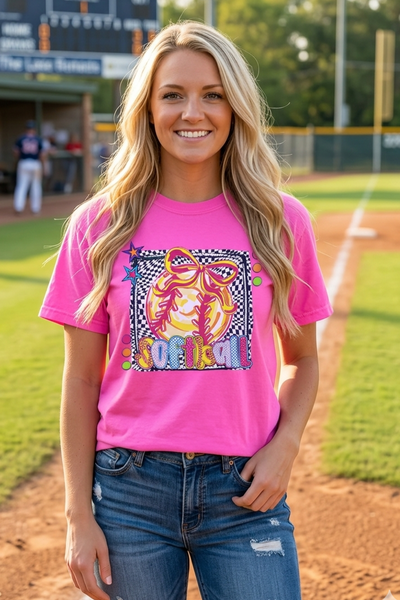 CC DTF CHECKER SOFTBALL TEE - NEON PINK