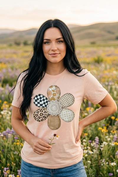 BC DTF CHECKER FLOWER TEE - PEACH