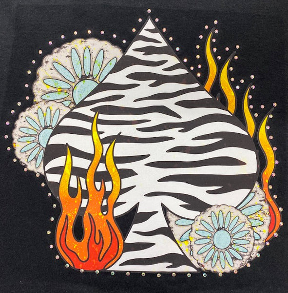 Zebra Spade Flame Western DTF Transfer with Rhinestones