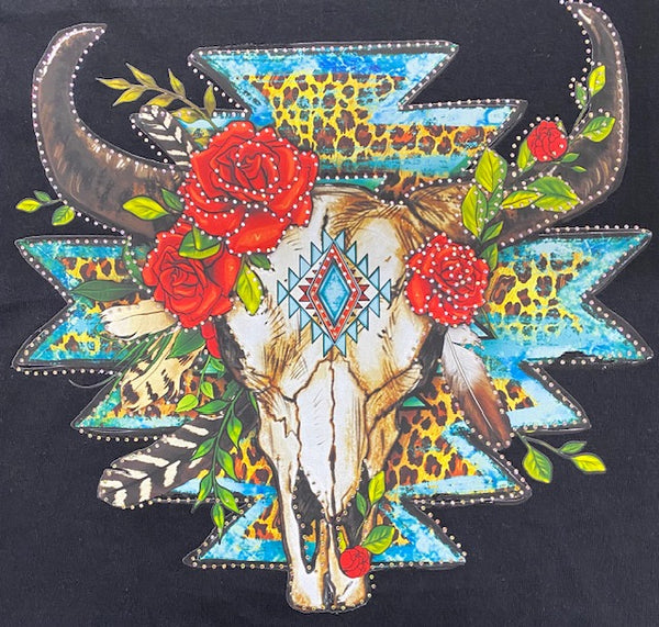 Turquoise Leopard Aztec Skull DTF Transfer with Rhinestones