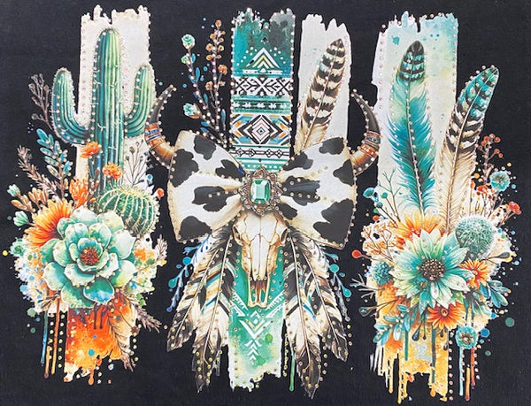 Western Cowhide Bow Skull DTF Transfer with Rhinestones