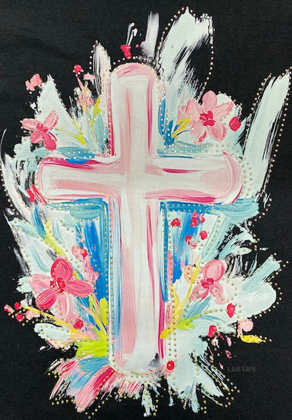 Painted Floral Cross DTF Transfer with Rhinestones