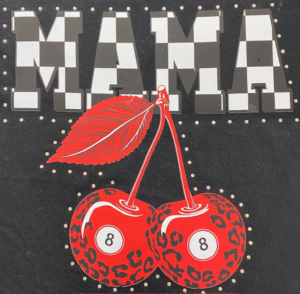 Checkered “MAMA” Cherry DTF Transfer with Rhinestones