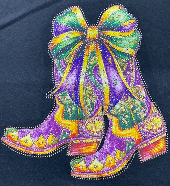Mardi Gras Cowgirl Boots DTF Transfer with Rhinestones