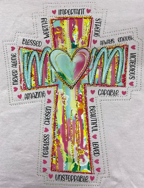 Affirmation “Mom” Cross DTF Transfer with Rhinestones