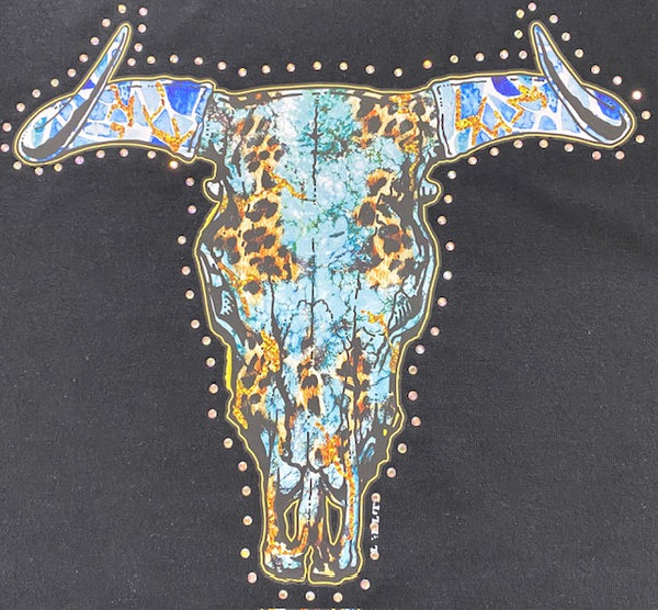 Turquoise Leopard Longhorn Skull DTF Transfer with Rhinestones