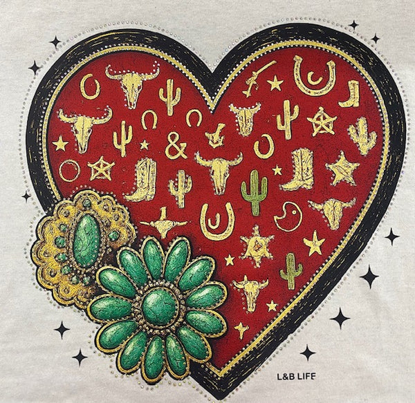Western Concho Heart DTF Transfer with Rhinestones