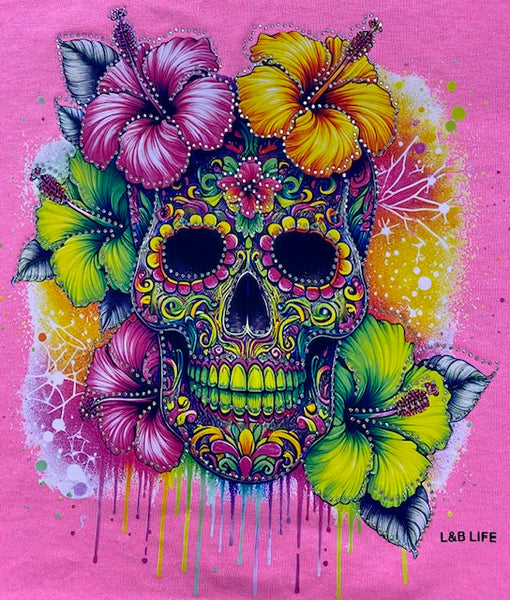 “Neon Floral Sugar Skull” DTF Transfer with Rhinestones