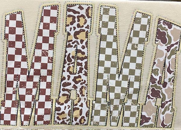 “Patchwork Mama Checker DTF Transfer with Rhinestones