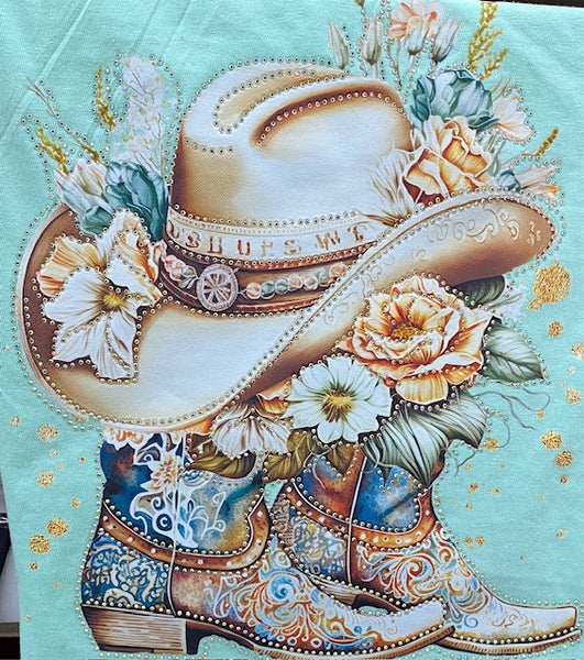 “Floral Cowgirl Boots & Hat” DTF Transfer with Rhinestones