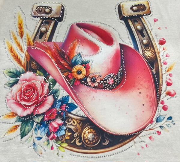 Floral Cowgirl Hat & Horseshoe DTF Transfer with Rhinestones