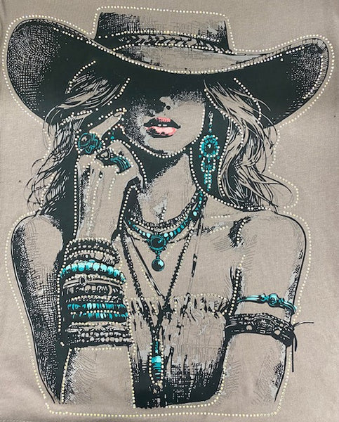 Western Turquoise Cowgirl Rhinestone DTF Transfer