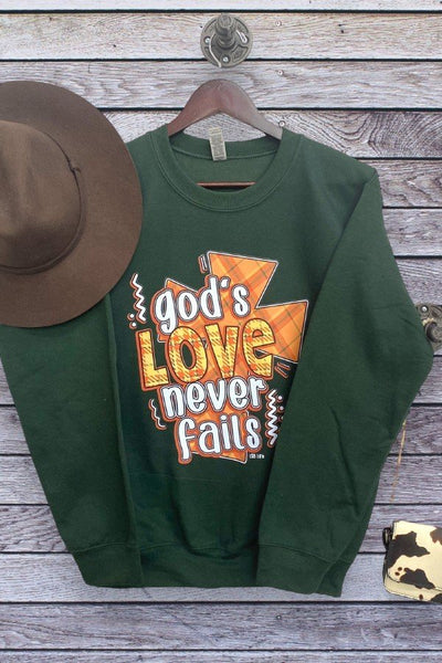 GILDAN SS DTF GODS LOVE NEVER FAILS - FOREST GREEN
