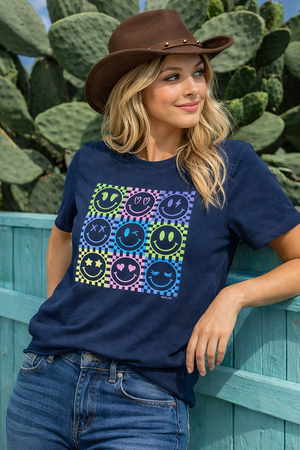 BC DTF CHECKER SMILES TEE - NAVY