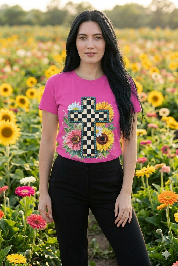 C DTF CHECKER SUNFLOWER TEE - CHARITY PINK