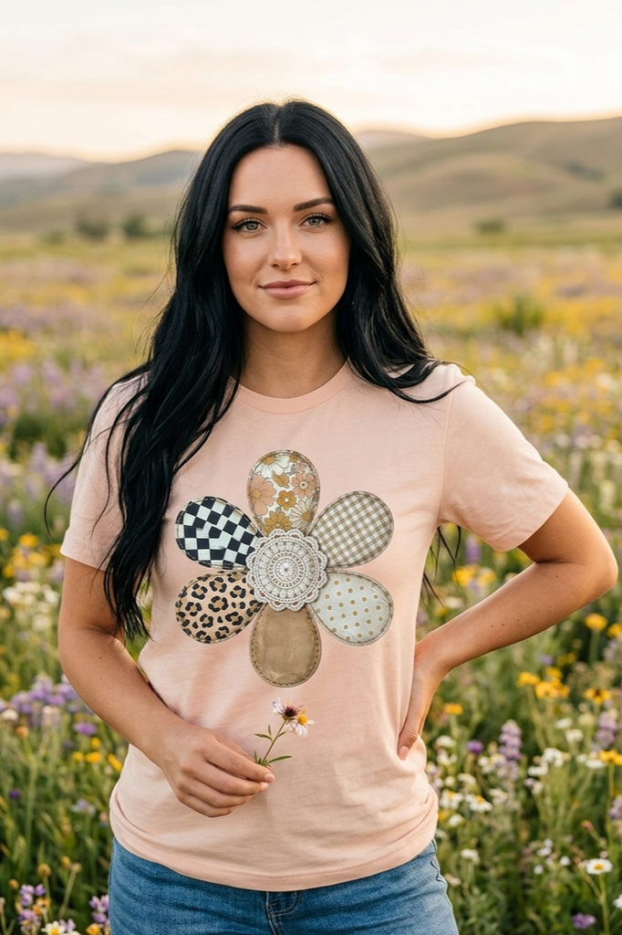 BC DTF CHECKER FLOWER TEE - PEACH