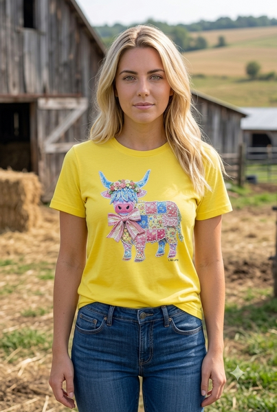 BC DTF QUILT COW TEE - YELLOW