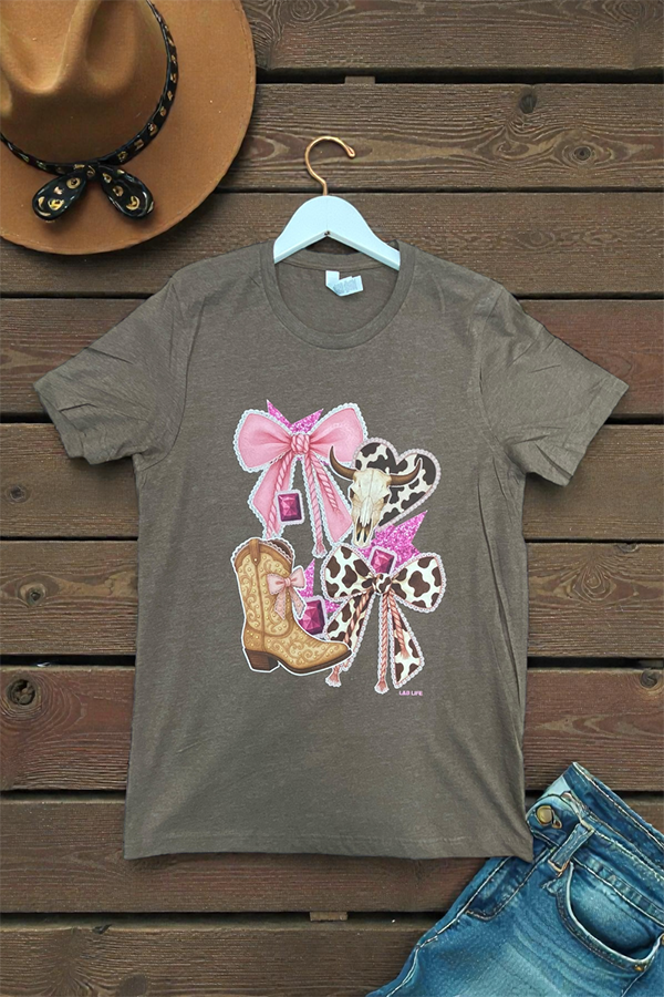 BC DTF BOW BOOTS TEE - HEATHER BROWN