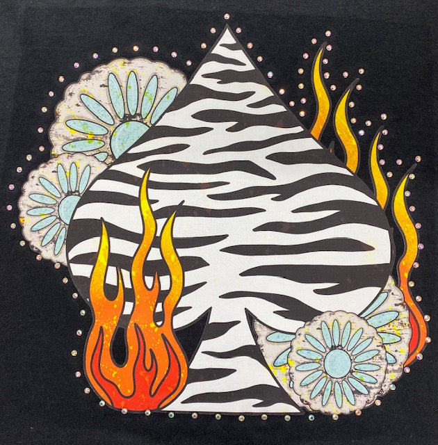 Zebra Spade Flame Western DTF Transfer with Rhinestones