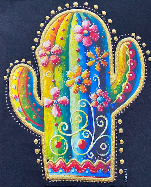 Colorful Floral Cactus DTF Transfer with Rhinestones