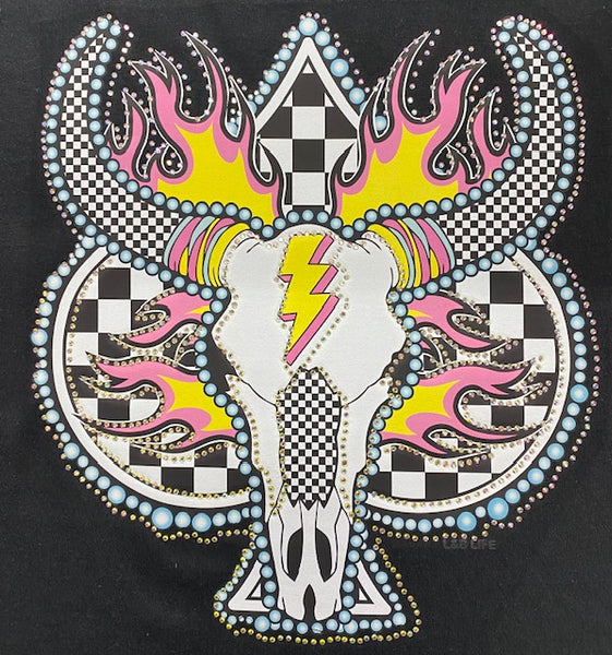 Checkered Flame Lightning Skull DTF Transfer with Rhinestones