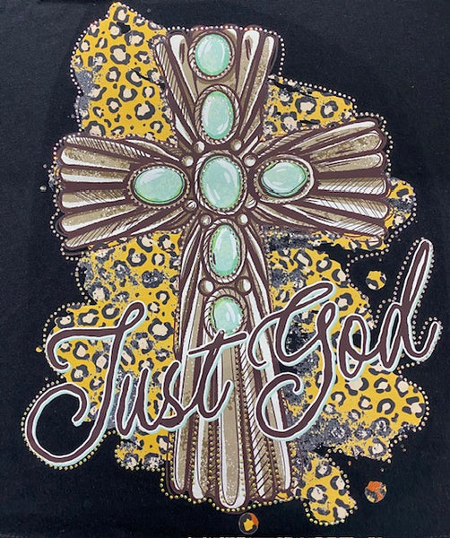 Leopard Turquoise “Just God” Cross DTF Transfer with Rhinestones