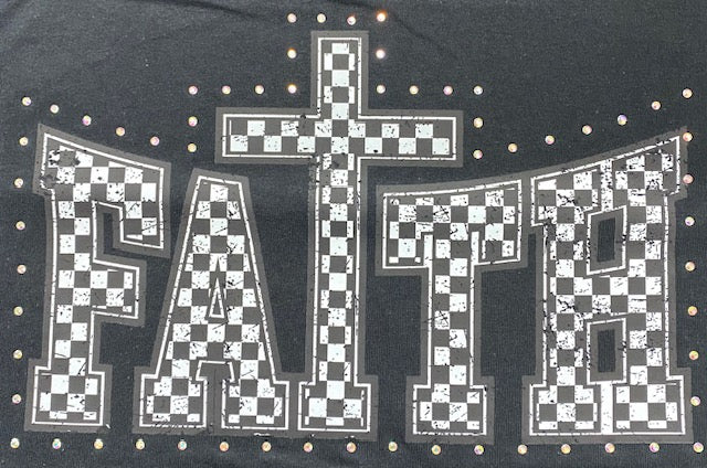 Checkered “FAITH” Cross DTF Transfer with Rhinestones
