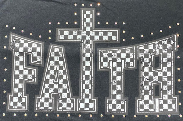Checkered “FAITH” Cross DTF Transfer with Rhinestones