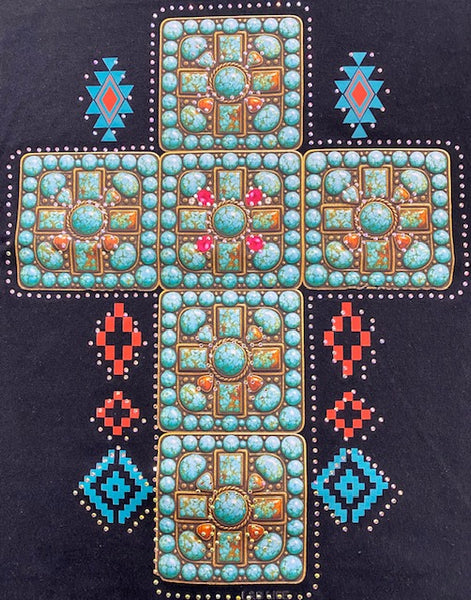 Turquoise Western Cross DTF Transfer with Rhinestones