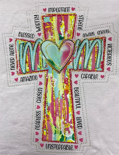 Affirmation “Mom” Cross DTF Transfer with Rhinestones