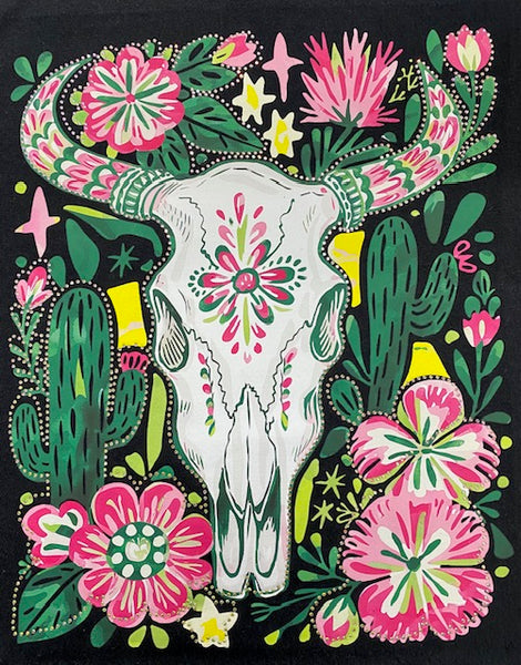 Floral Western Skull DTF Transfer with Rhinestones