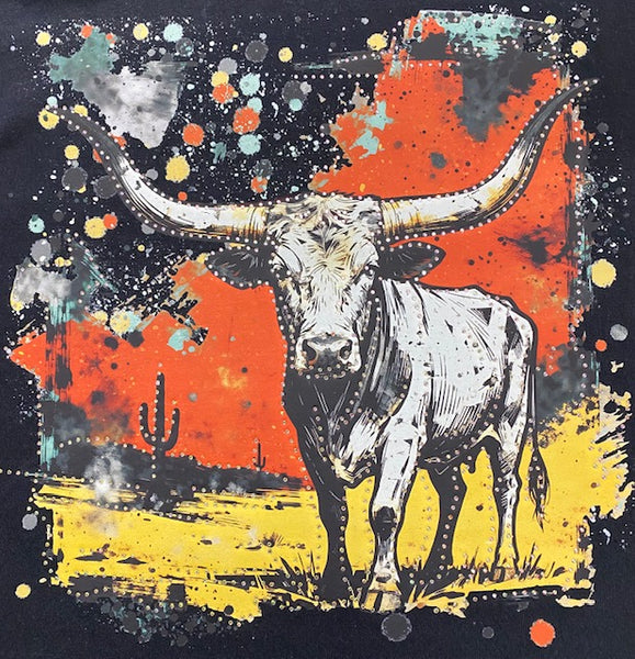 Western Longhorn Desert DTF Transfer with Rhinestones