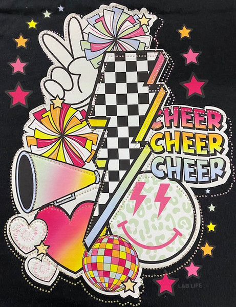 “Cheer Cheer Cheer” Retro Lightning Bolt DTF Transfer with Rhinestones