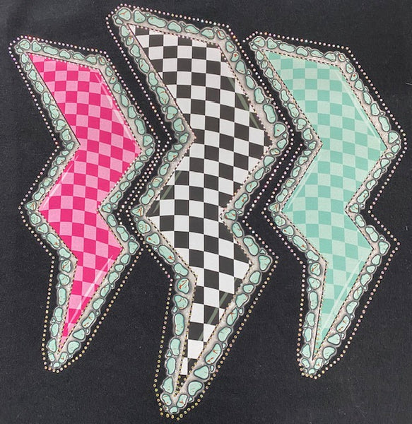 Triple Lightning Bolt Checker DTF Transfer with Rhinestones