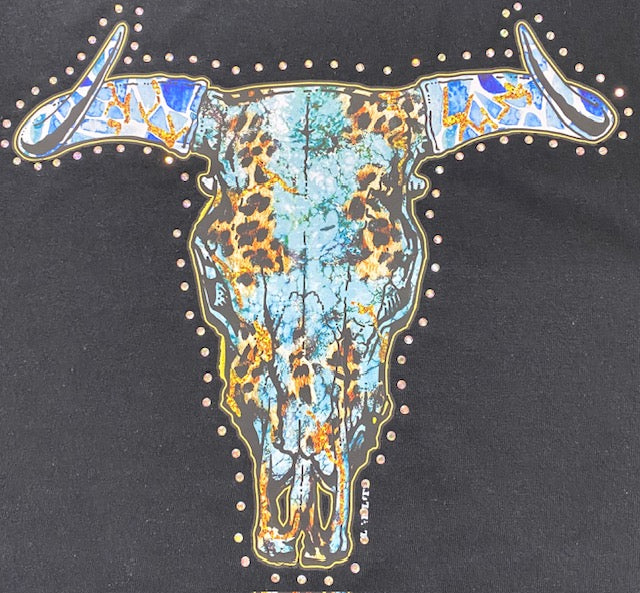 Turquoise Leopard Longhorn Skull DTF Transfer with Rhinestones