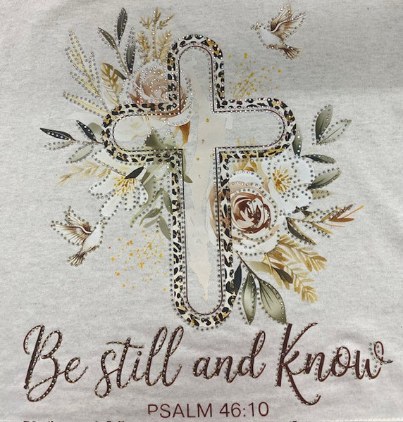“Be Still and Know” Psalm 46:10 Floral Cross DTF Transfer with Rhinestones