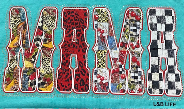 Western Patchwork “MAMA” DTF Transfer with Rhinestones