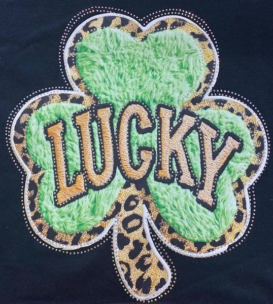 Leopard “Lucky” Shamrock DTF Transfer with Rhinestones