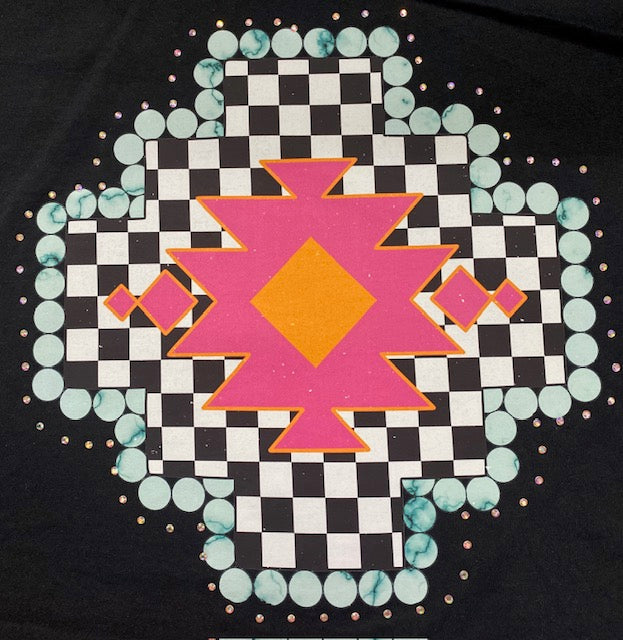 “Retro Turquoise Pop Aztec” DTF Transfer with Rhinestones