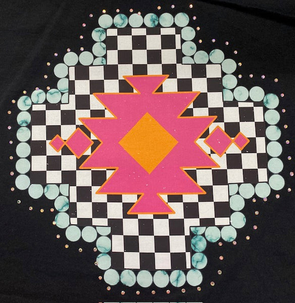 “Retro Turquoise Pop Aztec” DTF Transfer with Rhinestones