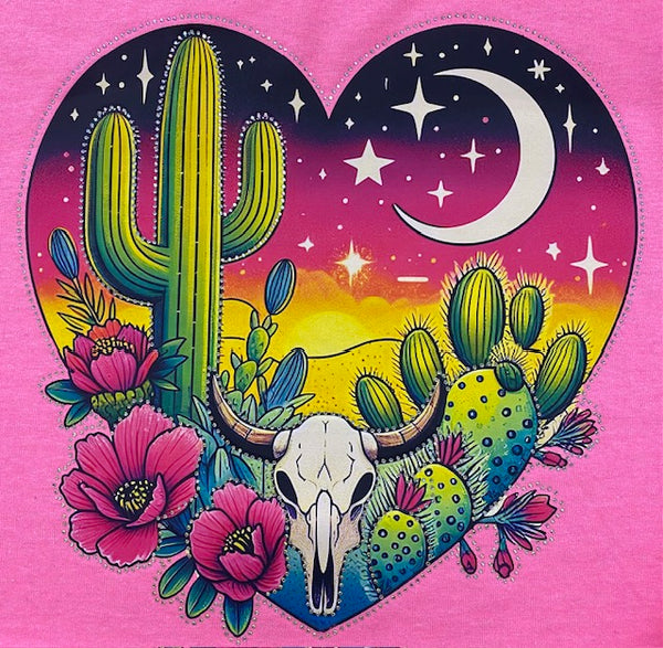 “Desert Sunset Heart Longhorn” DTF Transfer with Rhinestones