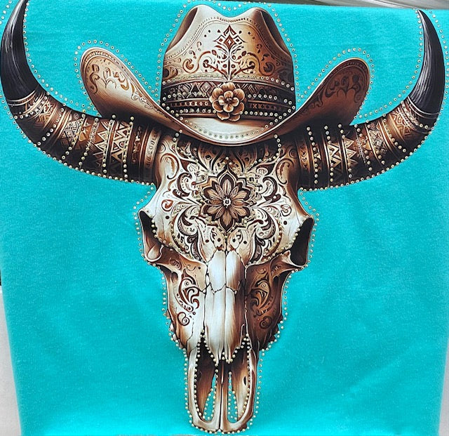 Tooled Longhorn Skull DTF Transfer with Rhinestones