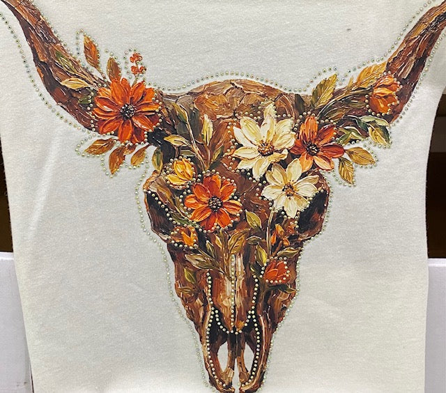 “Rustic Floral Longhorn Skull” DTF Transfer with Rhinestones