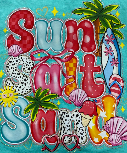 Sun Sand Sun Coastal” DTF Transfer with Rhinestones