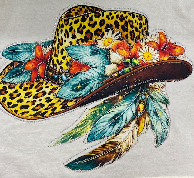 Leopard Feather Cowgirl Hat DTF Transfer with Rhinestones