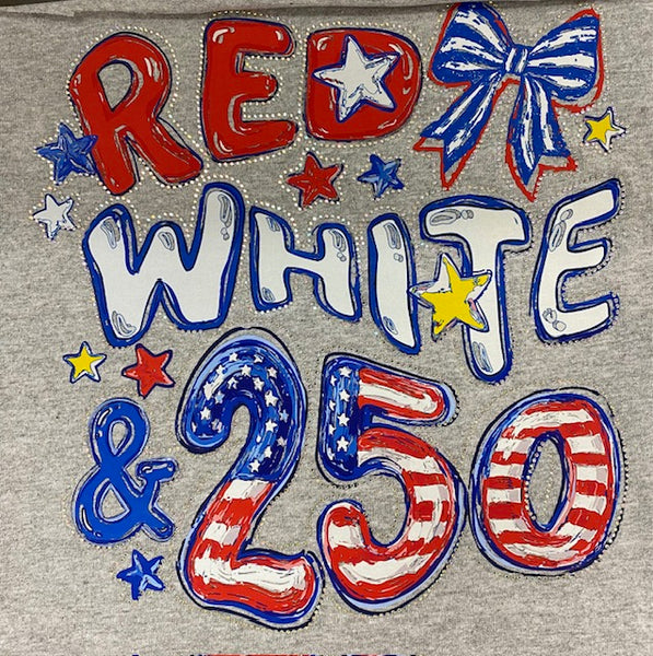 "Red, White 250 DTF Transfer with Rhinestones