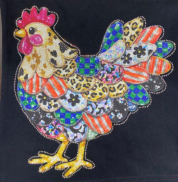 Patchwork Farmhouse Chicken DTF Transfer with Rhinestones