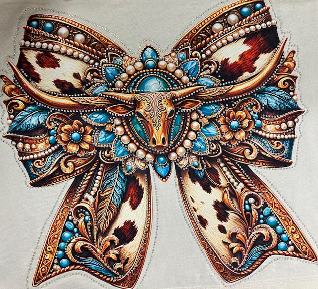 Western Longhorn Leopard Bow DTF Transfer with Rhinestones