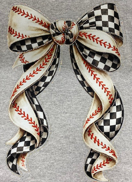Baseball Checker Bow DTF Transfer with Rhinestones